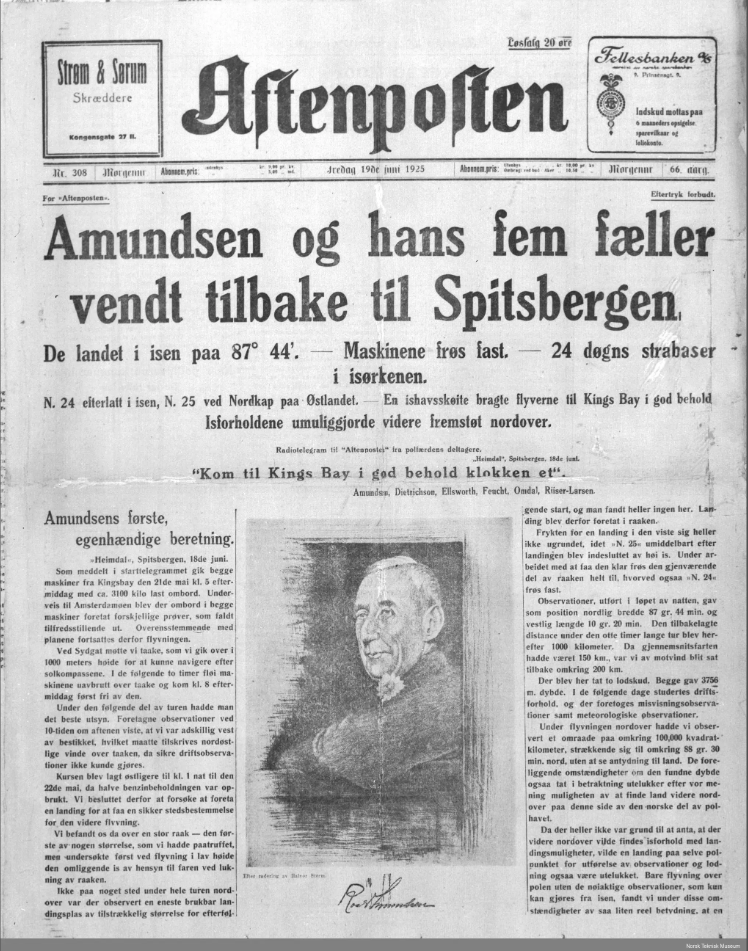 Amundsen og hans fem fæller vendt tilbake til Spitsbergen. Aftenposten. Digitalmuseum Amundsen og hans fem faeller vendt tilbake til Spitsbergen. Aftenposten. Digitalmuseum